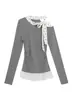 Camiseta de Manga Larga con Encaje Patchwork y Lazos Estilo Puro Deseo para Mujer, Nuevo Diseño de Otoño, Top Novedoso Ajustado Favorecedor
