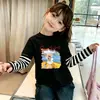 Nova Blusa de Manga Comprida Primavera/Outono para Meninas, Camisa Base Listrada com Estampa de Desenho Patchwork, Camiseta Estilosa de Algodão Puro para Bebê