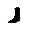 Botas de Vuelco de Piel para Mujer Botas Individuales Otoño e Invierno Nuevas Punta Redonda Tacón Grueso Tacón Alto Plegadas Completamente de Piel Botas de Caña Media para Mujer Tendencia