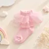Nuevos Calcetines de Doble Capa con Adorno de Encaje para Niñas de Primavera y Verano, Cómodos, Suaves, Transpirables, Delgados, Color Sólido, Calcetines para Bebés y Niños, Venta al por Mayor