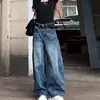 Jeans Retro Azules Streetwear Sueltos de Pierna Ancha Diseño Retro Americano de Cintura Alta Pantalones de Pierna Ancha Caídos Hasta el Suelo