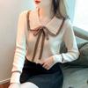 Suéter de Punto con Cuello Peter Pan para Mujer, Moda Otoño e Invierno, Versátil, Lazo, Retro, Suéter de Manga Larga