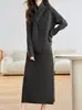 Vestido Jersey Bufanda de Botones con Cuello en V Estilo Francés, Nuevo Otoño e Invierno Holgado Talla Grande Largo de Punto Básico Transfronterizo