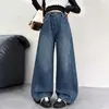 Calças de Outono para Meninas 2026 Nova Coleção de Outono para Crianças Maiores, Calças de Perna Larga com Bordado no Bolso Traseiro, Calças de Corte Reto, Jeans para Crianças