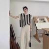 Conjunto de Tricô Elegante Estilo Chanel 2026 para Socialites, Conjunto de Duas Peças com Top Listrado de Gola Média e Calça Casual de Pernas Largas