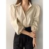 Camisa elegante de estilo coreano para principios de primavera, estilo francés, sencilla, holgada, de color liso, con solapa y mangas abullonadas.