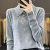 Camisa de Punto Elegante para Mujer, Estilo Nuevo de Primavera, Cuello Polo, Manga Larga, con Bolsillo y Broche, Lana Fina