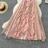 Vestido de malla estilo resort francés con cuello halter para mujer, verano romántico sin mangas con volantes, elegante y estilizado, largo
