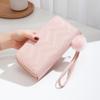 Cartera de doble capa con bola de pelo sencilla y bordada con tarjetero largo y doble cremallera