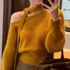 Suéter de Punto para Mujer Estilo Perezoso Cuello Halter Hombros Descubiertos Otoño/Invierno 2025 Estilo Dulce Suéter Suave para Ponerse sin Cremallera Hombros Descubiertos
