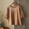 Camisa de Lino Bordado de Alta Gama para Mujer, Manga Tres Cuartos, Verano, Corte Holgado, Adelgazante, Pulóver de Algodón y Lino con Cuello Redondo