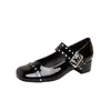 Versão em Couro de Vaca ~ Início da Primavera 2025 Fivela de Metal para Cinto Sapatos Mary Jane Esculpidos Salto Grosso Boca Rasa Tiras de Fivela Sapatilhas
