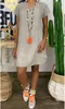 2023 Ebay Amazon Wish Verano Holgado Color Sólido Manga Corta Cuello en V Vestido de Lino Moda Lista para Usar para Mujer