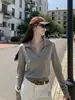 Suéter elegante y discreto, tejido de punto con cuello polo estilo "old money" para mujer, top casual y relajado de manga larga con cuello en V
