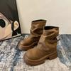 Botas Femininas Marrons de Sola Grossa 2025 Nova Coleção Primavera e Outono Botas para Calça que Aumentam a Altura Estilo Britânico Botas Curtas Maillard
