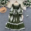 Vestido Longo de Manga Longa com Estampa Retrô Estilo Coreano Gola Quadrada para Mulheres, Vestido Longo Estilo Boêmio com Cintura Marcada para o Verão