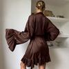 Pijama Feminino de Verão 2026 com Babados, Solto e Confortável, Robe de Cetim de Seda Gelo Marrom, Roupa de Casa Feminina Transfronteiriça Estilo Ins