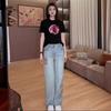 Internet Celebridade Moda Jeans Primavera Novo Curto Bordado Gola Redonda Solto Manga Curta Duas Peças Roupas Femininas