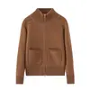 Suéter cárdigan casual para mujer, de punto grueso para otoño e invierno, 100% cachemira pura, con doble bolsillo con cremallera, cuello semi-alto y manga larga