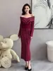 Vestido de Punto Rayado de Manga Larga, Suéter de Otoño e Invierno, Falda Base para Vestir, Falda Ajustada al Cuerpo, Ceñidor de Cintura, Adelgazante, Elegante Falda de Longitud Media