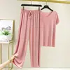 Moda feminina para comércio exterior Terno de seda gelada feminino Novo verão esportivo casual calça pantalona terno de duas peças de manga curta moda