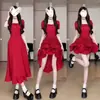 Design Estilo Francês, Elegante Vestido Quadrado com Cordão, Vestido Longo Vermelho de Cor Sólida para o Verão, Vestido Emagrecedor que Marca a Cintura
