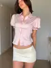 Verano 2026 Mujer Camisa Botones Color Sólido Cuadrado Mangas Cortas Abullonadas Estampado Digital Camiseta Corta Ropa Transfronteriza Europea y Americana