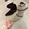 Versión de cuero suave~Nuevas botas de tobillo de moda para mujer para otoño e invierno, punta redonda, con hebilla, tacón de cuña, botas de media pantorrilla