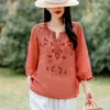 Top Estilo Chinês Feminino Algodão Linho Camisa Bordado Sete Mangas Decote V 2026 Verão Novo Top Pequeno