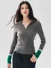 Suéter de cachemira para mujer, con media cremallera, cuello alto, corte ajustado, otoño/invierno, puños de color contrastante, prenda interior de punto, suéter