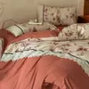 Juego de ropa de cama de cuatro piezas estilo francés vintage, grado A, de algodón puro cepillado, que incluye una sábana de algodón, un juego de tres piezas con una funda de edredón estampada floral y una sábana ajustable