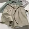 Shorts Vintage Lavado de Cintura Alta Wide-Leg para Mulheres com Cinto, Verão, Caimento Solto, Emagrecedor, Moderno, Calça Casual Versátil