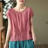 Blusa Top Feminina Verão 2026 Manga Curta Gola Redonda Novo Design Estilosa Artística Solta Modeladora Cor Sólida Tencel