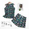 [Dropshipping/Venta al por mayor] Conjunto de pijama de verano para mujer con top de punto de algodón, estampado de dibujos animados, ropa de casa, talla grande
