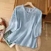 Stock de outlet de tiendas departamentales: Camiseta de manga corta de ramio para mujer con bordado elaborado y ribete de encaje, blusa fina de algodón y lino