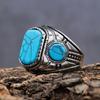 Anel de Aço Inoxidável Personalizado da Moda Retrô Nórdico Mais Vendido Transfronteiriço com Pedra Preciosa Azul Turquesa de Três Lados para Homens em Estoque