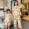 Pijama Infantil de Verão Meninas Manga Curta Algodão Penteado Estilo Coreano Gola Princesa Pai-Filho Médio e Grande Crianças Menina Bebê Pijama Roupa de Casa