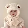 Conjunto de Chapéu e Cachecol de Inverno Quente com Proteção para Ouvidos para Bebês, Acolchoado e Forrado com Fleece, Design Fofo de Urso para Meninos e Meninas