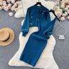 Vestido de dos piezas adelgazante y reductor de edad para mujer, elegante vestido de punto con cuello redondo y cuentas, corto y talle alto para otoño e invierno.