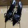 Zapatos de tacón de aguja nuevos y de moda para mujer, sin espalda, punta fina, punta afilada, sandalias de una tira, primavera y otoño, estilo elegante, con un lazo