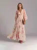 Ropa de Mujer Europea y Americana 2025 Estación Independiente de Amazon Cuello en V Manga Larga Estampado Digital Vestido Largo Vestido