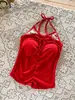 Camisole KT de bolinhas com gola halter, top curto doce e sexy sem costas, peça de sobrepor com alças