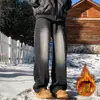 Jeans con Forro de Polar para Otoño e Invierno para Hombre, Pantalones Casuales Lavados Retro Americanos, Pantalones Largos Cálidos de Pierna Recta Ancha Sueltos