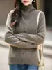 Cardigan de Tricô Gola Alta Bordas Enroladas Lã Pura Manga Longa Cor Sólida Quente Suéter Top Feminino Outono/Inverno 2026