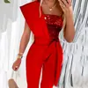 Comercio Exterior Transfronterizo Europeo y Americano Nuevo Pantalón Decorativo con Cinturón Sin Mangas de Color Sólido Pantalón de Mujer Ajustado con Costuras y Abalorios