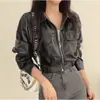 Nueva chaqueta de cuero coreana de otoño, simple, con doble bolsillo y solapa para mujer, abrigo de cuero entallado 17856