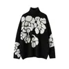 Suéter Jacquard Floral de Caxemira com Gola Alta e Manga Longa Grosso Solto Estilo Preguiçoso Casual Versátil Tricô