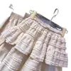 Falda midi blanca de talla grande con ribete de encaje, nuevo estilo de verano para mujer, de cintura alta, línea A favorecedora y falda voluminosa de varios niveles.
