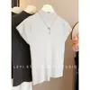 Uso Diário Primavera e Outono Gola Meia-Alta Elegante Base Tricô Top Cor Sólida Manga Curta Camiseta Feminina Slim-Fit Top Curto