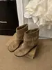 Primer Encuentro con el Nuevo Estilo de la Temporada: Botines Caqui de Tacón Grueso con Punta de Tira para Mujer, Estilo Vintage Verano 2026, Adecuados para Combinar con Faldas, Estilo Western